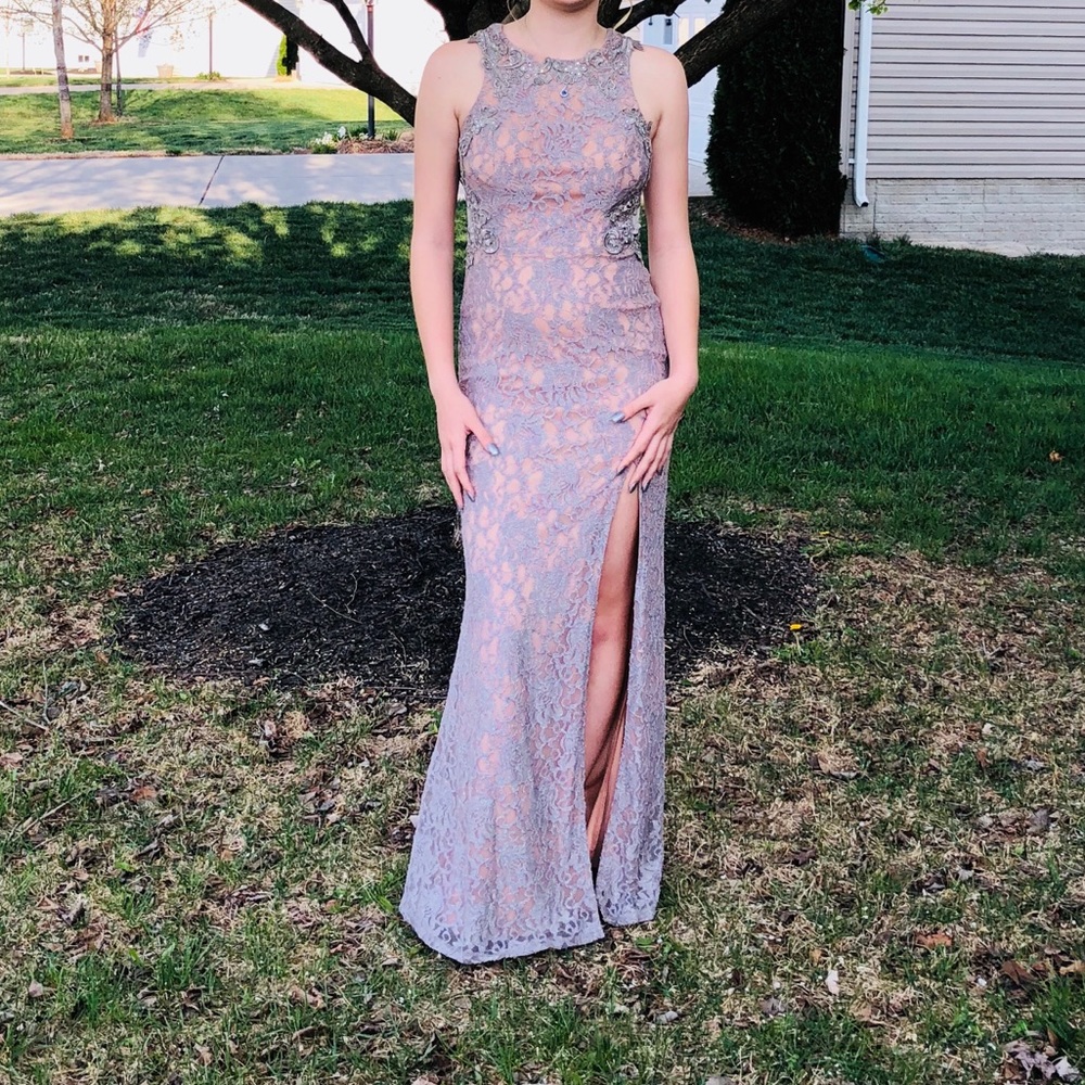 City Triangles Silver Lace Illusion Prom Dress Size 9